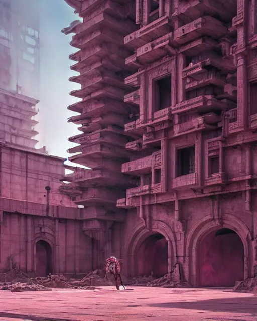 Image similar to hyperrealistic 3d render high quality baroque mecha!! iridescent pink brutalist city ruins background concept art vray! santiago caruso de chirico sharp cinematic light 8k low angle shallow depth of field