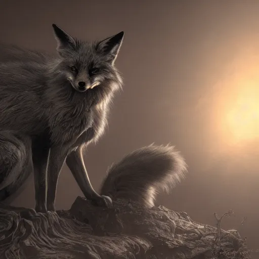 Image similar to photorealistic demonic fox in the style of michael whelan and gustave dore. hyperdetailed photorealism by greg rutkowski. 1 0 8 megapixels, 3 d finalrender, cinematic lighting