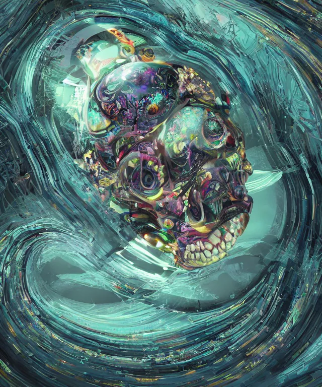 Image similar to hyperdetailed maximalist artwork by billelis inspired by oozium. Artstation. 8k 4k 64megapixels seen from below. Ant's eye perspective. Focus Giant floating alabaster skull drapped over with 1000 twirling emerald snakes. Unreal engine 5. Surreal render. Slightly blurry speedpainted minimal Swiss landscape below in the style of loish and holosomnia. Unrealistic harmonic colors. Sundown.