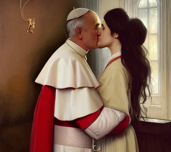 Prompt: photography of a pope kissing a sensual woman in a bedroom, deep focus, elegant, highly detailed, digital painting, artstation, concept art, matte, sharp focus, illustration, art by artgerm and greg rutkowski and alphonse mucha