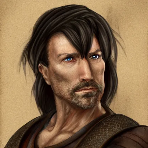 Image similar to portrait, 50 years old man :: short, stocky build :: dark, short hair and a whisker :: medieval leather workwear :: high detail, digital art, fantasy, RPG, concept art, illustration