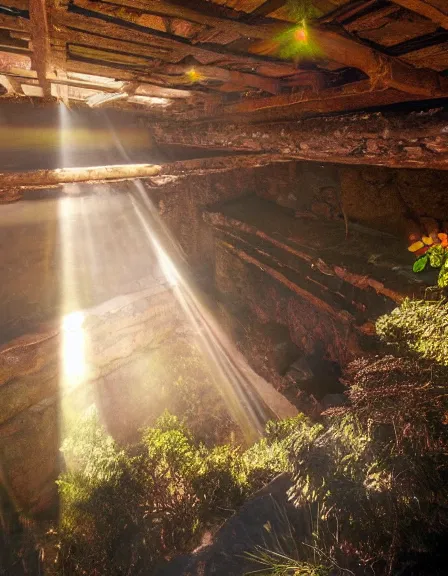 Prompt: vintage color photo of light rays shinning through a hidden temple in Cordillera De Los Andes, 8k definition