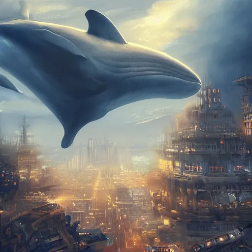 Image similar to A huge whale flying in the clouds above a steampunk mega city, golden lighting, artstation, realistic digital painting