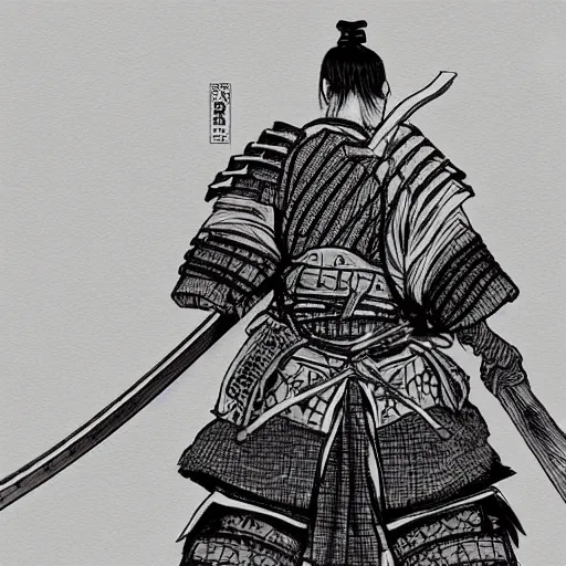 Prompt: a samurai holding an epic blade over his head by kim jung gi, back shot