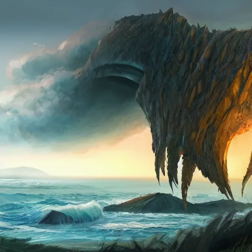 Prompt: a beautiful coast line with a monster crawling up a hill, trending on artstation, concept art, golden ratio