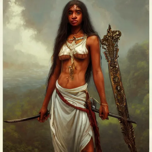 Image similar to artstation concept of a beautiful girl holding a sword in both hands, brown skin, sweaty skin, symmetrical face, casual white garment, brown canyon background, shiny colorful, hyperdetailed, artstation trending, world renowned artists, worth1000.com, historic artworks society, antique renewel, cgsociety, by greg rutkowski, by Gustave Dore, Deviantart