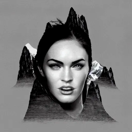 Image similar to double - exposure effect of megan fox face in the shape of beautiful mountains, in the style of dan mountford, amazing detail, black and white