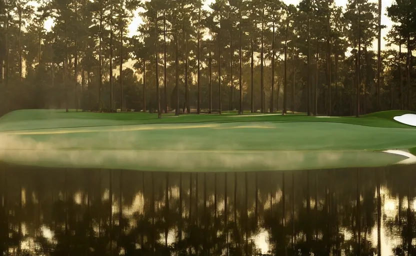 Image similar to augusta national, the masters, nr. 1 2, completely flooded with brown water, beautiful ambient light, fog,