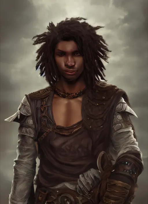 Image similar to An epic fantasy comic book style portrait painting of a dark skinned long haired boy peasant with intelligent eyes, unreal 5, DAZ, hyperrealistic, octane render, cosplay, RPG portrait, dynamic lighting