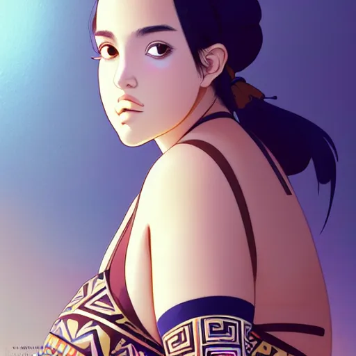 Image similar to a beautiful plus sized model japanese natalie portman, alluring plus sized model with brown skin, wearing mayan leotard with overalls, street fashion hip hop style with mayan patterns, aztec street fashion, gapmoe yandere grimdark, trending on pixiv fanbox, painted by greg rutkowski makoto shinkai takashi takeuchi studio ghibli, akihiko yoshida