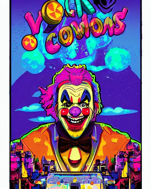 Prompt: a portrait of a clown, video game vector cutout illustration vivid multicolor borderlands comics by josan gonzales and dan mumford radiating a glowing aura