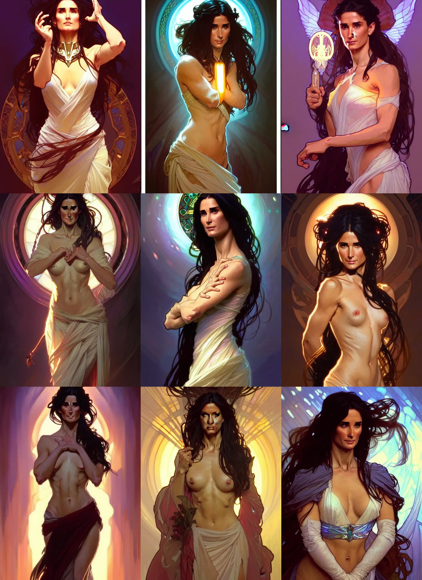 Prompt: digital character concept art by artgerm greg rutkowski alphonse mucha sylvain sarrailh of yound demi moore as a d & d sorceress, perfect likeness, clear portrait, holy body! light effect. hyper detailed, glowing lights!! intricate, elegant, digital painting, artstation, smooth, sharp focus