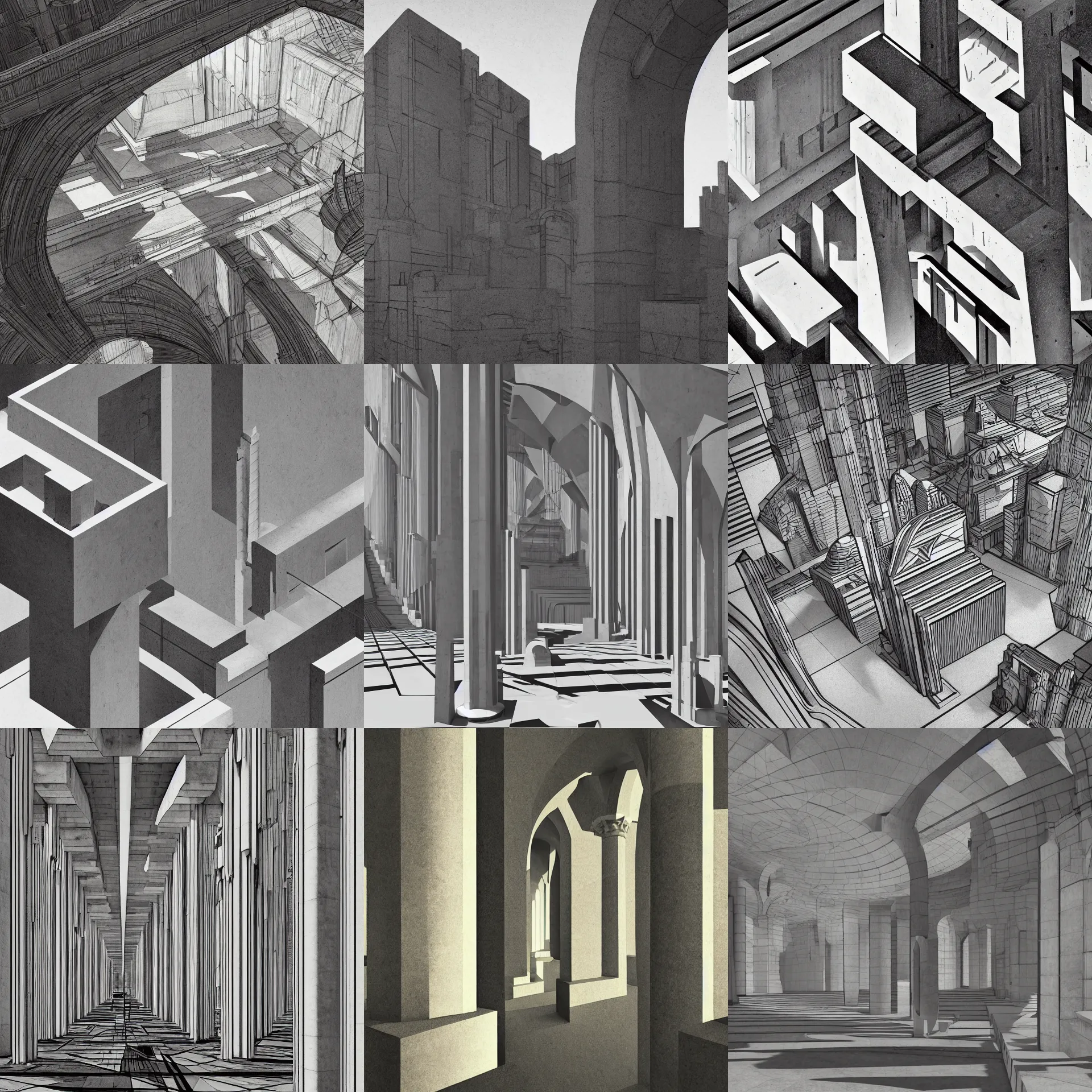 Prompt: illustration in the style of Hugh Ferriss and Giorgio de Chirico and Gérard Trignac, brutal concrete interiors, surrealistic roman architecture, aerial spaces, archs and columns, geometrical forms, pittura metafisica, high contrast light and shadows, low poly, 3d render, volumetric light