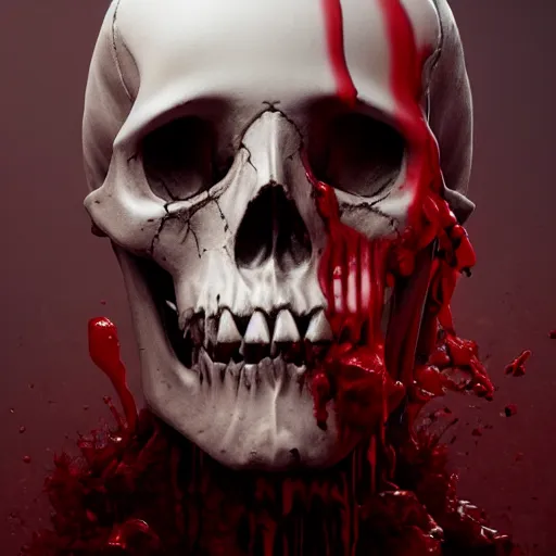 Prompt: human skull covered in cloth with blood dripping down, highly detailed, modern, digital art, red, unreal engine, photorealism, cinematic lighting, 8k photorealistic, dramatic, trending on artstation, by Greg Rutkowski