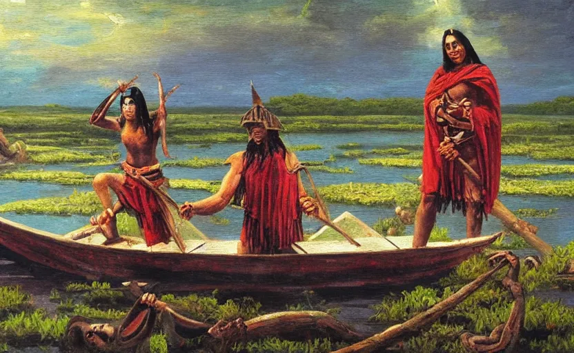 Image similar to an aztec cultist on a boat in the swamp in the style of romanticism, oil painting