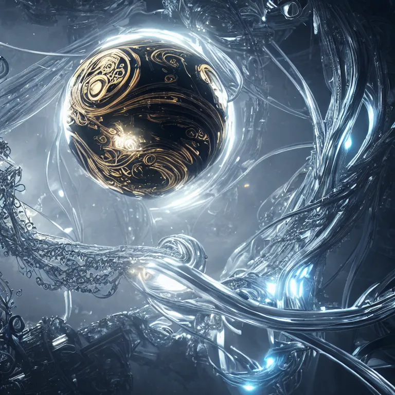 Image similar to swirling abstract cyborg parts and bio - mechanical tendrils and ornate flowing smoke streams and liquid light streaks surround a small metallic sphere, cinematic, unreal engine