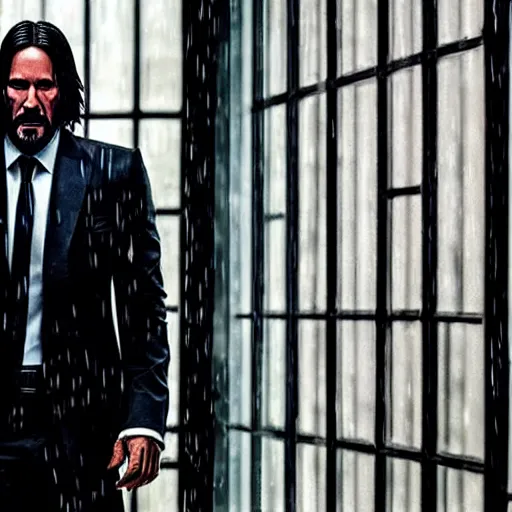 Image similar to john wick behind a window in the rain