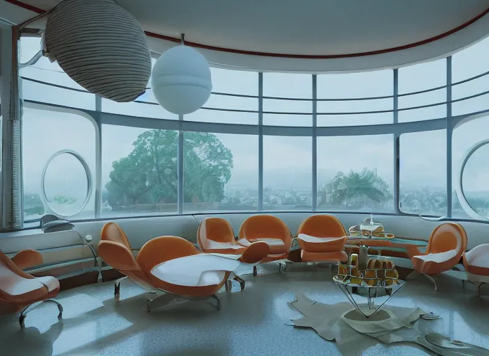 Image similar to a 1 9 7 0 s interior room googie architecture, highly detailed hyper real retro interior house, round windows, curved ceilings, retro futuristic, funky moon base interior lighting, artstation, octane, retro furniture, windows to city, television, retrocore, vray render 4 k by stanley kubrick