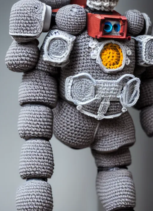 Image similar to a crochet mecha, realistic, no cropping, full body, Sigma 50 mm f/1.4