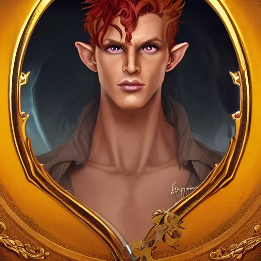 Prompt: dnd character portrait of a tanned half - elf with messy short red hair and yellow eyes with slit pupils, beautiful and androgynous with catlike features and dark skin, glowing, golden hour, wearing a stylish men's suit, realistic painting by ross tran and gerald brom and alphonse mucha, trending on artstation