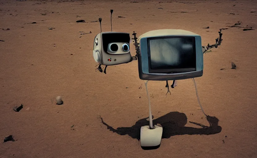 Prompt: a robot made out of vintage televisions, walking through the desert, desperate looking for water, digital art