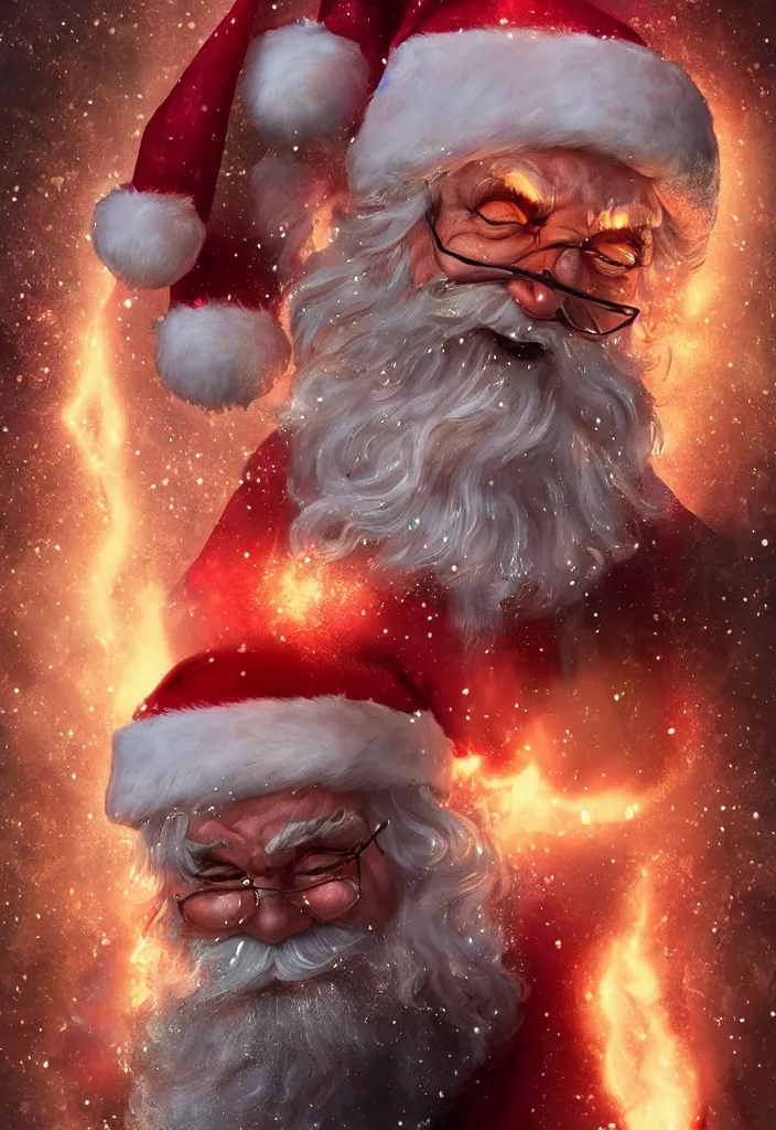 Prompt: gigantic sparkling heavenly glowing santa as a demon in a snowy hell, eerie, dark, magical, fantasy, trending on artstation, digital art.