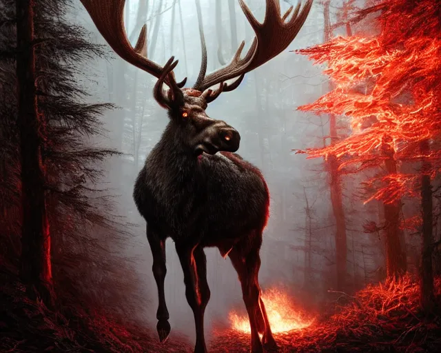 Image similar to 5 5 mm portrait photo of an armored demonic burning moose with red eyes antlers and looking at the camera, in a magical forest. magical atmosphere. art by greg rutkowski and luis royo. highly detailed 8 k. intricate. lifelike. soft light. nikon d 8 5 0.