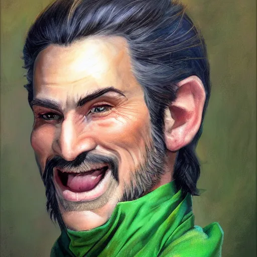 Image similar to beautiful portrait painting of a very short and small male halfing bard with brown hair with some grey hairs, wearing very fancy green cape, full beard, ridiculous smile, from pathfinder, evil smirk, narcissist, self centered, casting fireball, painted by larry elmore, wayne reynolds, greg rutkowski, magic the gathering, dungeons and dragons, dishonored 2