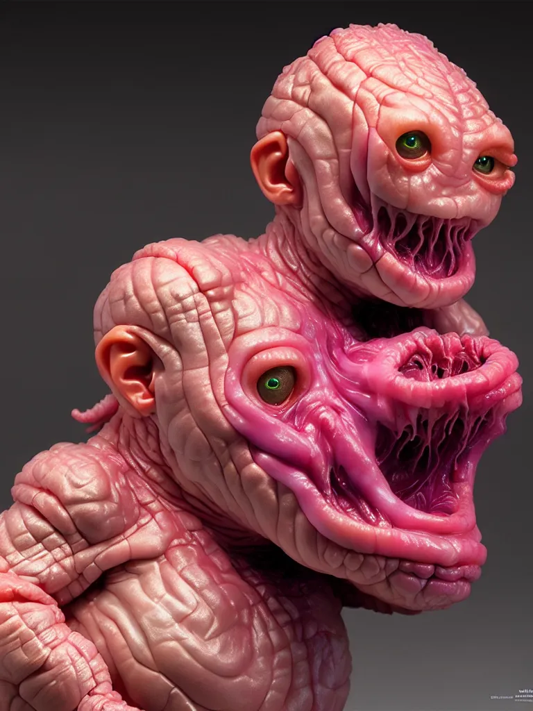 Image similar to hyperrealistic rendering, fat smooth cronenberg flesh monster baby by donato giancola and greg rutkowski and wayne barlow and zdzisław beksinski, product photography, action figure, sofubi, studio lighting, colored gels