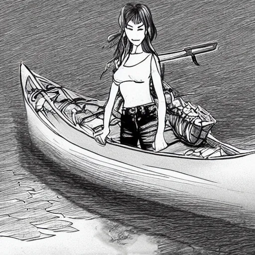 Image similar to “ a girl holding a beer, in a canoe on a river, mountains in fog, manga drawing, by paul pope ”