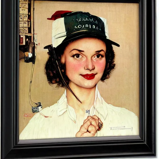 Prompt: frontal portrait of a woman wearing a kasa hat, by norman rockwell