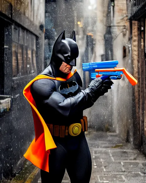 Image similar to happy batman firing super soaker water gun in an alleyway, everyone having fun, toy product advertisement, photography