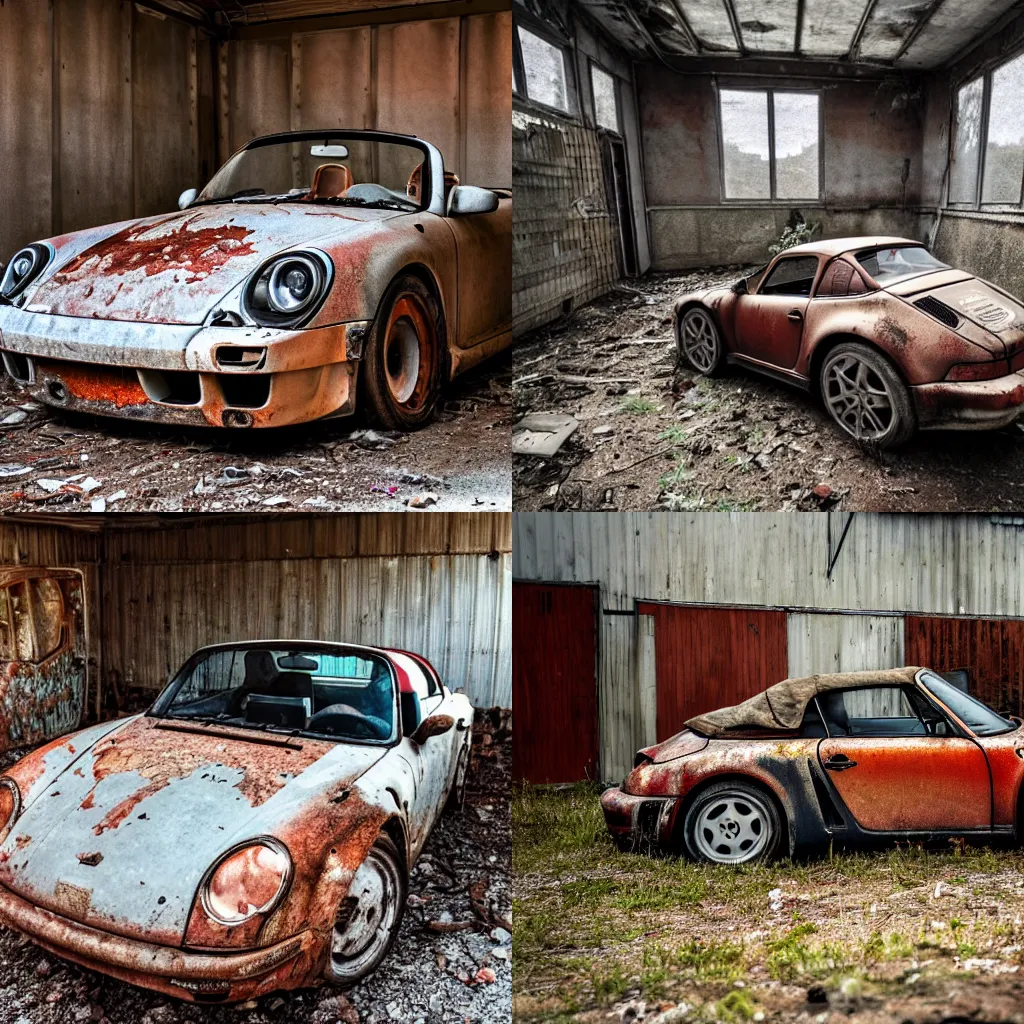 Prompt: photo of an abandoned, dirty, ((rusty)), grimy Porsche Boxter concept car in an old shed, ultra wide angle lens