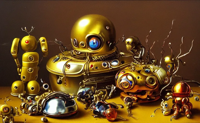 Prompt: strange robot body, disturbing colorful oil painting dutch golden age vanitas still life sparse composition with bizarre objects strange gooey transparent surfaces shiny metal reflections lady bugs rachel ruysch dali todd schorr very detailed perfect composition rule of thirds masterpiece canon 5 0 mm, cinematic lighting, photography, retro, film, kodachrome