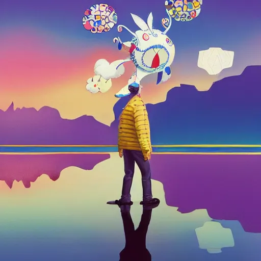 Image similar to a man walking on clouds away from the camera above a lake by takashi murakami, beeple and james jean, aya takano color style, 4 k, super detailed, modern, 4 k, symmetrical