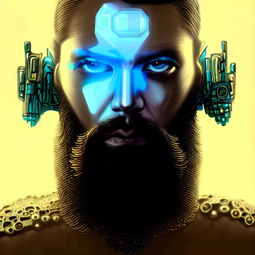 Prompt: bearded man with extremely large and intricate eye cyberpunk bionics with angry blue eyes and slim features looking askance, eye cyberpunk bionics, retro futurist style, intricate, elegant gleaming intricate baroque jewelry, angelic halo, highly detailed, digital painting, artstation, concept art, smooth, sharp focus, illustration, art by wlop, mars ravelo and greg rutkowski,