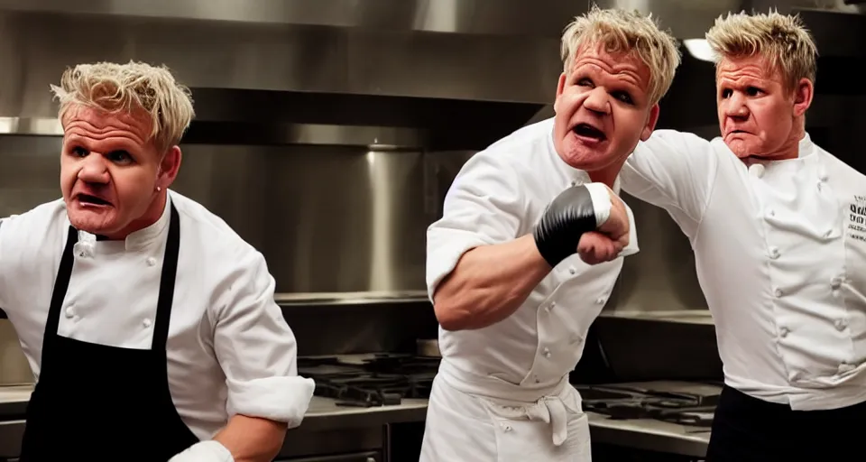 Image similar to photo of angry furious Gordon Ramsay punching Gordon Ramsay at the kitchen