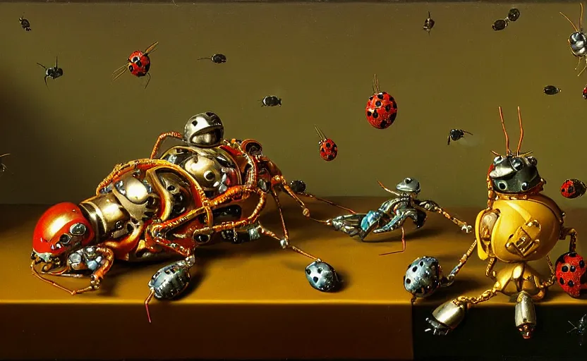 Image similar to strange robot body, disturbing colorful oil painting dutch golden age vanitas still life sparse composition with shiny metal lady bugs rachel ruysch dali todd schorr very detailed perfect composition rule of thirds masterpiece canon 5 0 mm, cinematic lighting, photography, retro, film, kodachrome