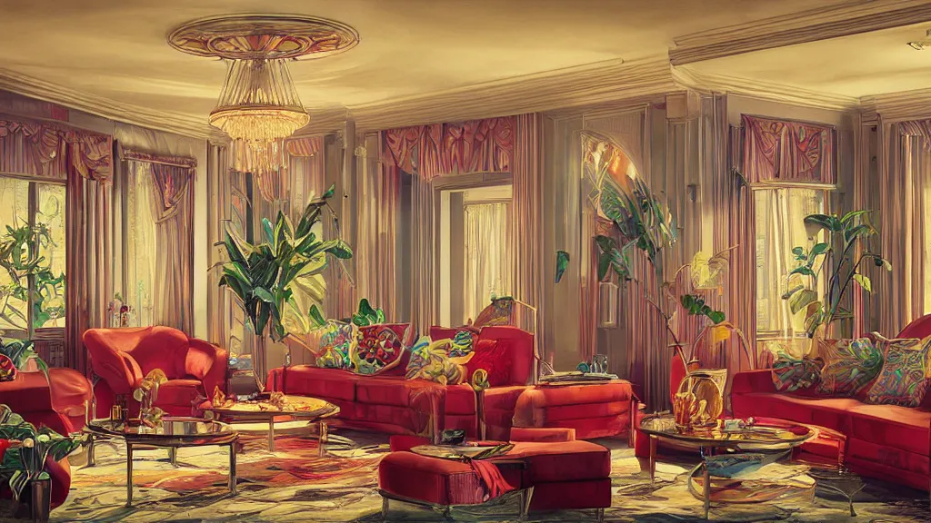 Prompt: art deco livingroom, photo, ultra detail, photoreal, professionally retouched, bright colors, wide angle, 8 k high definition, insanely detailed, intricate, elegant, art by artgerm and wlop