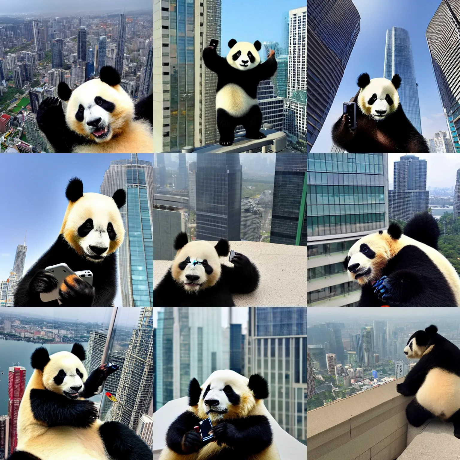 Prompt: Panda taking a selfie on top of a skyscraper