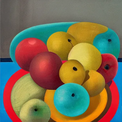 Image similar to by liu ye iron, turquoise swirling. a still life of fruit on a table. the fruit is arranged in a pyramid shape, with the largest pieces of fruit at the bottom & the smallest pieces of fruit at the top. the colors are bright & the experimental art has a lot of texture.