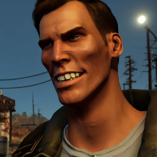 Image similar to jerma985 in fallout, close-up, tight shot, portrait, unreal engine, in game screenshot, high definition, detailed