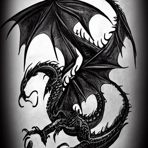 Prompt: dark and vibrant fantasy dragon!!! Illustration wyvern, black and emerald dragon!!, forearm tattoo