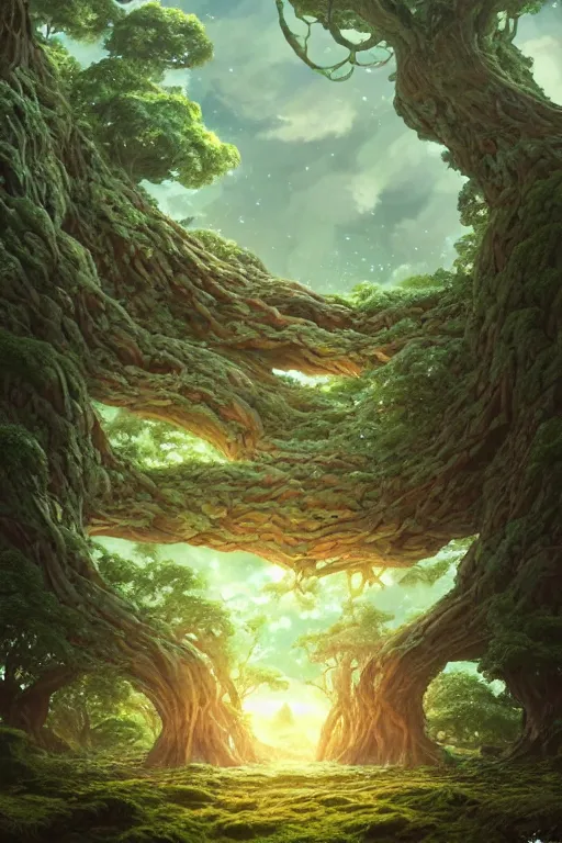 Image similar to a giant hellishly tree with a big trunk that forms a round portal to otherworldly hostile worlds, high intricate details, rule of thirds, golden ratio, cinematic light, 8 k, octane render, anime style, graphic novel by fiona staples and dustin nguyen, art by beaststars and orange, peter elson, alan bean, studio ghibli, makoto shinkai