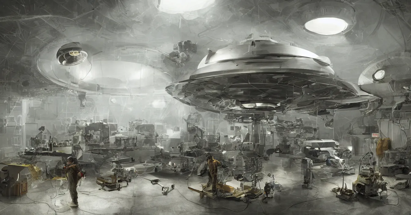 Prompt: engineer repairs secret flying saucer with broke fuse reactor, full of modern military equipment, in the state laboratory full of different tools and electronic machines, high details, volume raytracing fog, back light, reflective ground, by james paick, by ilm, by digital domain, by weta digital