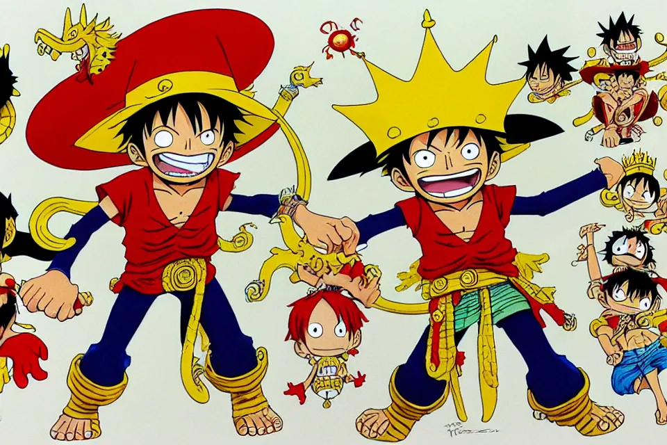 Image similar to concept sketches of luffy wearing a gold crown riding a large dragon by jamie hewlett, in the style of megaman, micro detail, disney