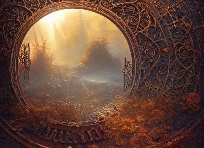 Image similar to large rustic intricately decorated cast iron gate, a view to an eerie fantasy world, golden glowing sphere, ethereal back light, mist, coherent composition, detailed fantasy painting by artgerm, noriyoshi ohrai, yuumei