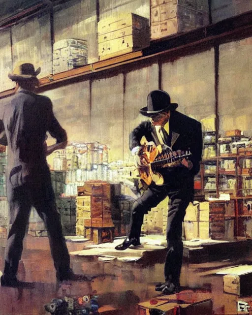 Image similar to Snake Oil salesman shredding on a Gibson Les Paul in a snake oil warehouse, painting by Frank Frazetta