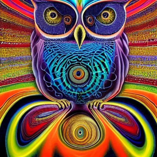 Image similar to the wisest of all owls, psychedelic, alex grey, salvador dali, trending on artstation, surreal