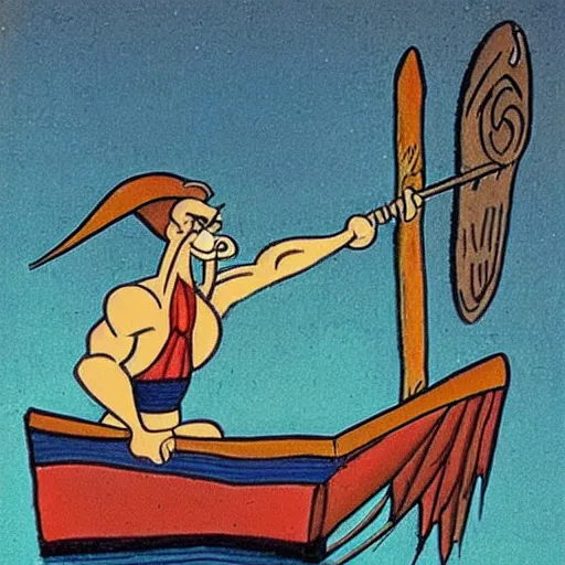 Image similar to hades from the cartoon Hercules on a boat on the River Styx, minimal, Spanish folk art